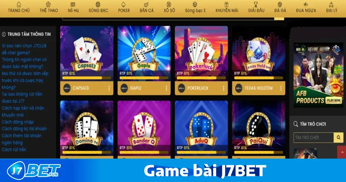 Các Tựa Game Bài J7bet Được Yêu Thích Nhất